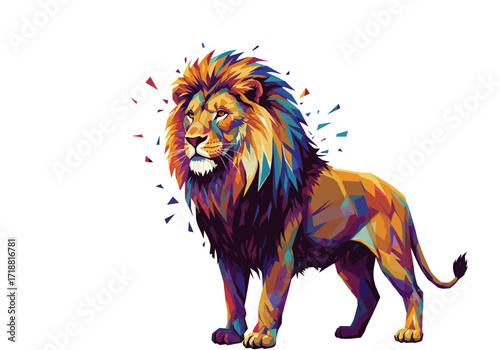Majestic vibrant geometric lion illustration with colorful mane standing in abstract pop art style.