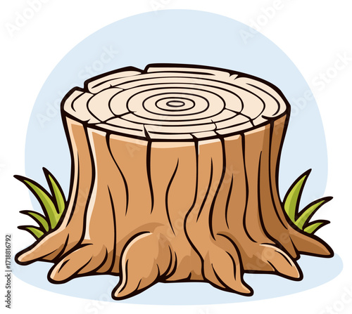 Cute vector cartoon tree stump showing growth rings with sprigs of grass