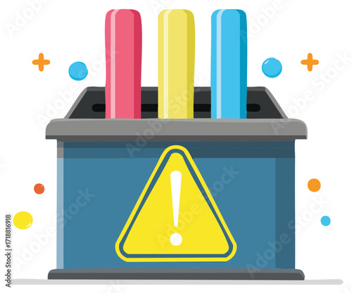 Alert Box Holding Colorful Cylinders with Exclamation Mark on Yellow Triangle Warning Safety Attention Concept