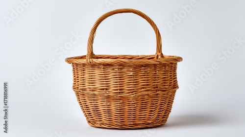 Wicker basket tan with handle made of woven materials on a plain white background