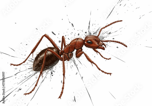 Detailed vector illustration of a shiny red ant with a glossy exoskeleton and graphic splatter.
