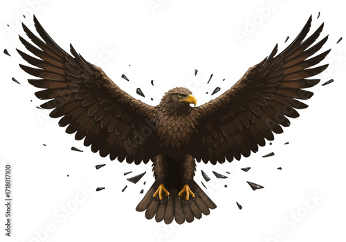 Majestic Brown Eagle with Wings Spread Breaking Through Sharp Talons.