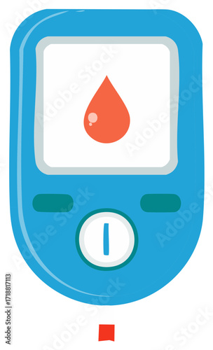 Digital blood glucose meter illustration with blood drop graphic concept
