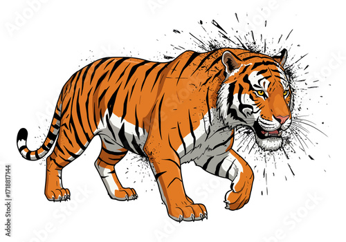 Fierce walking tiger in a bold graphic style with dynamic black ink splatter details.
