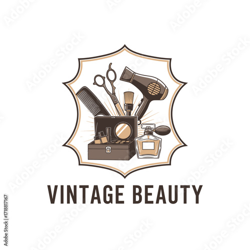 vintage equipment tool beauty  hairdresser  powder lipstick paintbrush comb old mirror