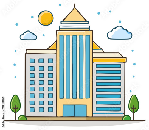 Stylized illustration of modern multi story office buildings with a sun and clouds