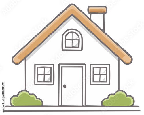 Charming White House Illustration: A Simple Home with Cozy Windows, Green Bushes, and a Tiled Roof