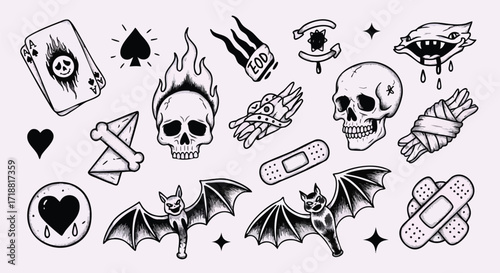 Unique tattoo flash sheet featuring edgy skulls, bats, and playing cards for a bold, expressive style perfect for alternative fashion and edgy designs