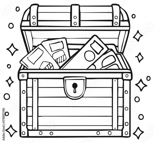 Sparkling cartoon treasure chest full of money coloring book page illustration