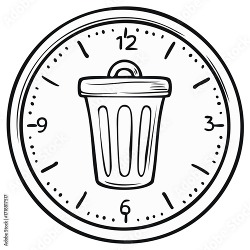 Hand drawn illustration of a trash can inside a clock face symbolizing wasted time