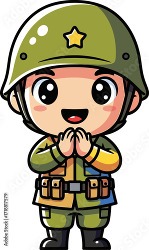 a tiny soldiers humble greeting a cartoon of respect and peace, isolated on transparent background