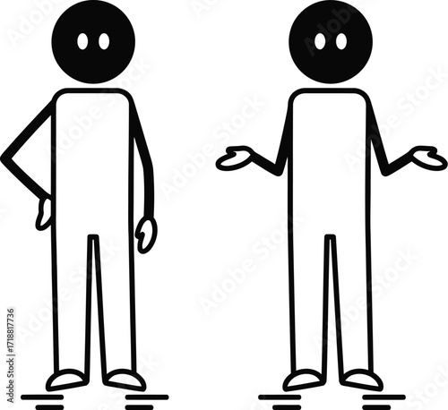 Two stick figures with blacked-out faces, one questioning, the other confident, symbolizing communication and uncertainty.