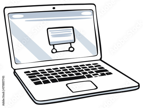 Hand-drawn laptop displaying a shopping cart icon, representing online shopping and e-commerce.