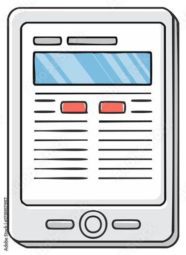 Hand Drawn Electronic Tablet Shows News Article Concept Design With Blue and Red Highlights