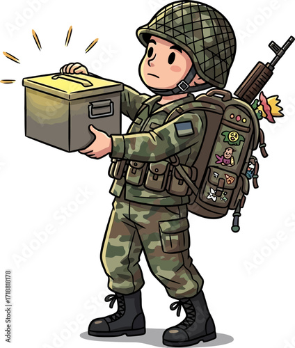 a young soldiers careful mission delivering hope in a glowing box, isolated on transparent background