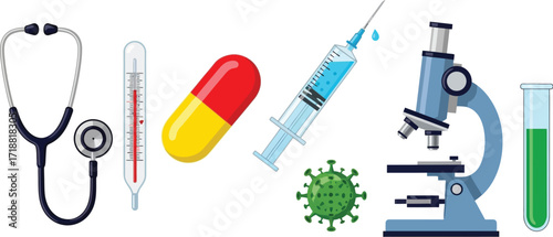 Medical and scientific tools for diagnosis and research, including a stethoscope, thermometer, pill, syringe, virus, microscope, and test tube.