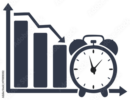 Business clock concept. Chart of decreasing values and a clock.