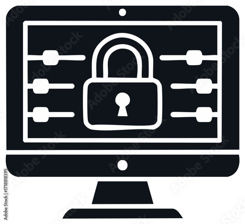 Computer screen displaying a closed padlock icon with digital security elements.