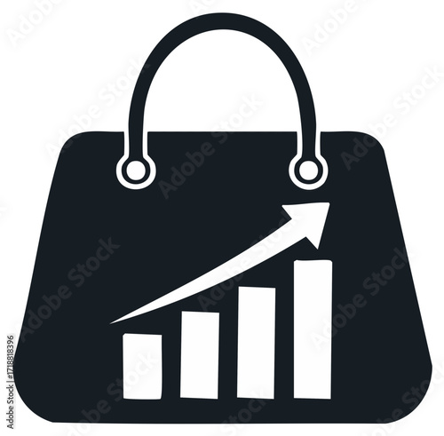 Shopping bag with growth chart and upward arrow symbolizing successful commerce