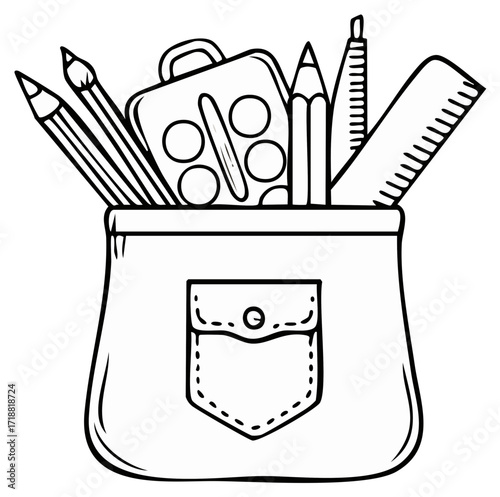 black and white school supplies in pencil case clip art preview