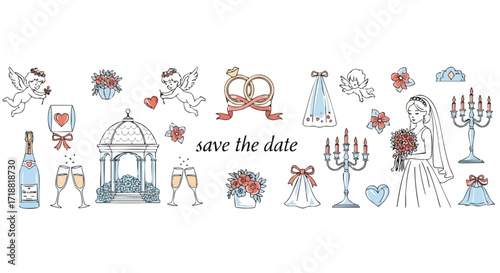 Enchanting wedding celebration elements like rings, bride, champagne, and romantic decor perfect for save the date announcements and invitations.