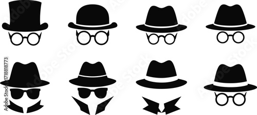 Diverse collection of classic hats and glasses, representing anonymity and mystery