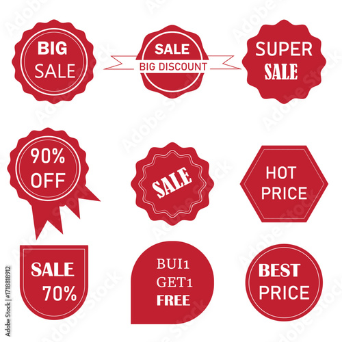 Set of sale stickers and promotional labels for advertising. Discount price tags for retail marketing. Special and best offer vector graphic elements collection isolated EPS 10
