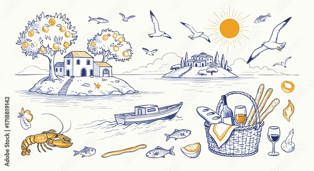 Naklejka premium Charming Mediterranean seaside village scene with citrus trees, boats, and a delightful picnic basket overflowing with fresh food and wine.
