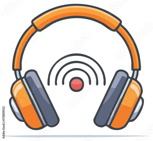 Orange and gray wireless headphones with audio signal icon