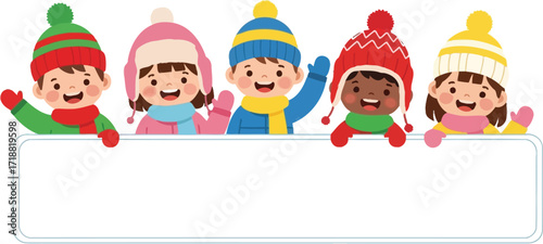 Joyful children in winter hats wave cheerfully above a blank sign