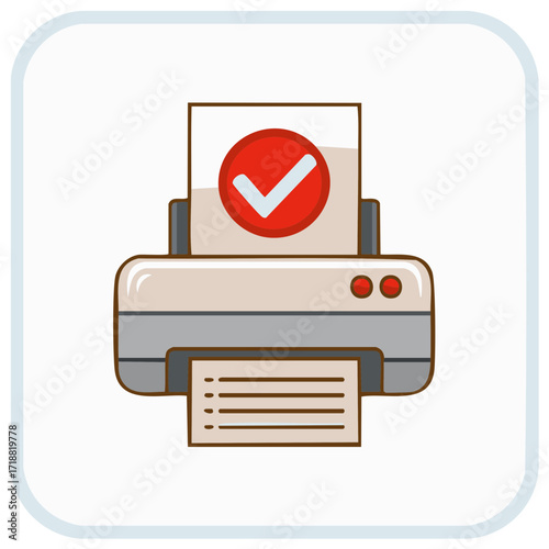 Cartoon Printer Prints Paper with Red Check Mark Approve icon Confirmation