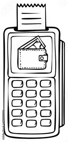 Black and white illustration of a point of sale terminal with wallet on the screen and a receipt.