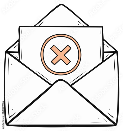 Doodle illustration of an open envelope with a letter showing a rejection X symbol
