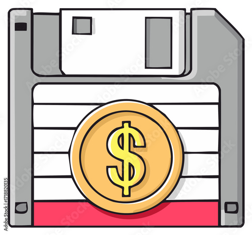 Floppy Disk with Dollar Coin Symbolizing Financial Data Storage and Savings