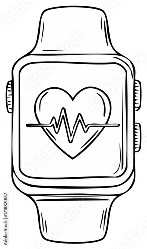 Hand drawn smartwatch with a heart and electrocardiogram line on screen