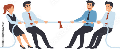 Business teams compete fiercely in a tug-of-war, symbolizing intense rivalry and conflict.
