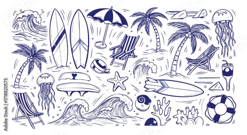 Hand-drawn beach elements: surfboards, palm trees, waves, jellyfish, beach chairs, and other summer vacation items.