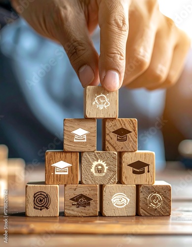 Wooden blocks, education icons, stacking