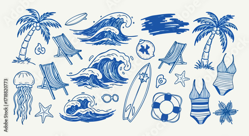 Hand-drawn summer beach elements in blue: palm trees, waves, chairs, and swimsuits.