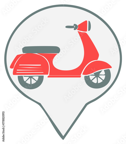 Red retro scooter inside a map pin icon for travel, rental, or sharing location services