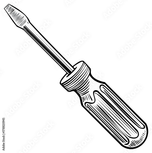 Vector illustration of a flathead screwdriver in black and white, tool design.
