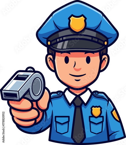 cartoon police officer ready to whistle safety and order, isolated on transparent background