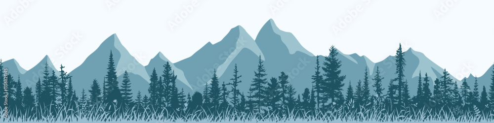 Fototapeta premium Mountain landscape with forest, morning haze, vector illustration, seamless border, panoramic view