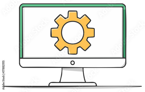 Computer monitor with gear symbol. Illustration of a setup or settings icon.