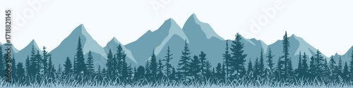 Mountain landscape with forest, morning haze, vector illustration, seamless border, panoramic view