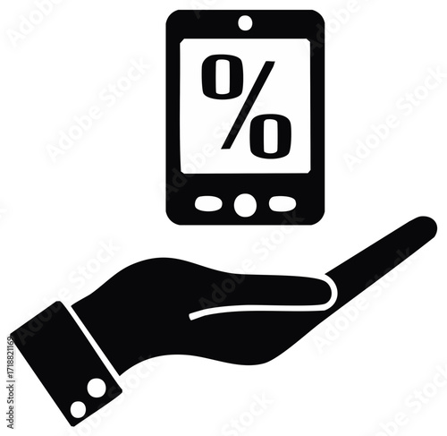 Hand presenting smartphone with percentage symbol for mobile offers online discounts and promotions