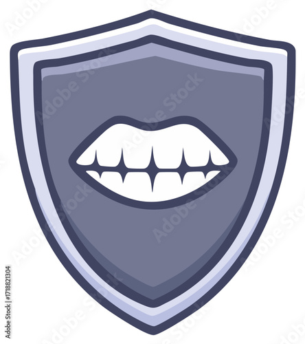 Protective shield with mouth and teeth icon for dental health security and oral care illustration