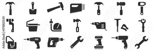 Tool and Hardware Icon Set – Black Silhouette Symbols of DIY, Construction, Workshop Equipment, Hand Tools, Power Tools, Repair and Maintenance Vector Illustrations for Projects, Posters, and Web