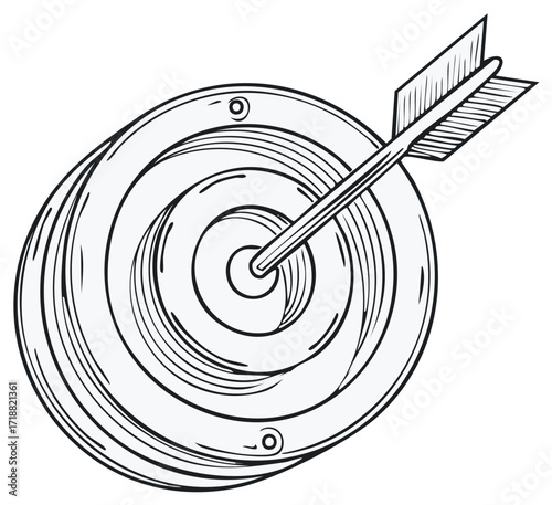 Precise hand drawn arrow striking target bullseye illustration representing accuracy and goal achievement.