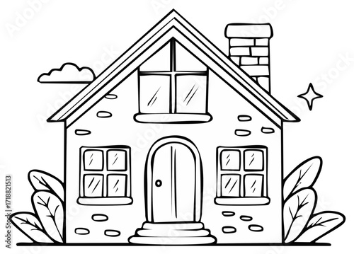 Illustrated black and white house with windows, door, chimney, cloud, leaves and star.